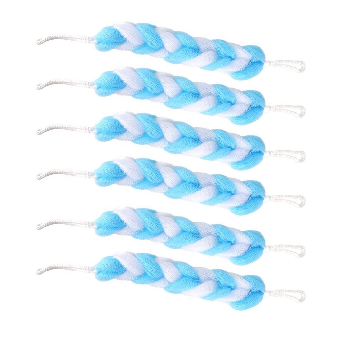 Six small Wukusy hanging bath shower loofah sponges with long pouf body scrubbers for exfoliating skin in health and beauty routines.