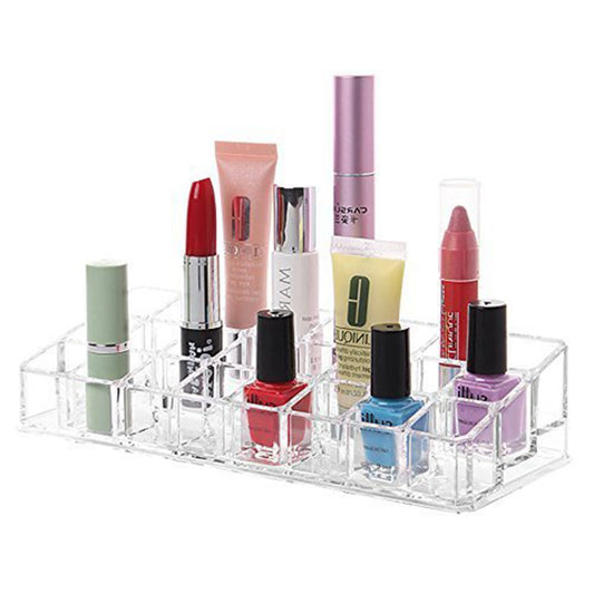 Acrylic Wukusy 24-section multi-purpose lipstick and cosmetics stand display holder for health and beauty products.