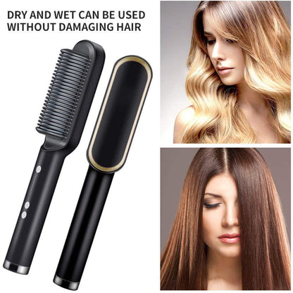 Wukusy HQT-909B hair straightener used for scalp massage, showcasing its sleek design and ergonomic handle in a health and beauty setting.
