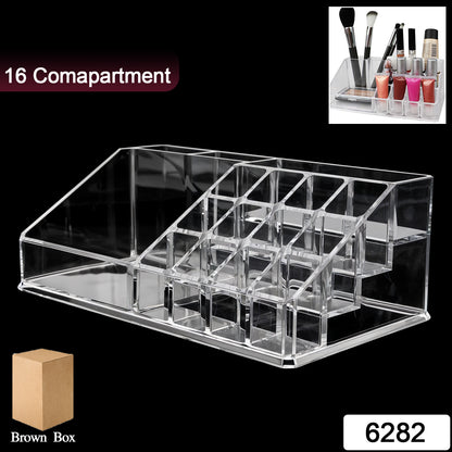 Transparent Wukusy 16-compartment cosmetic and lipstick organizer box with jewelry storage for makeup and accessories.