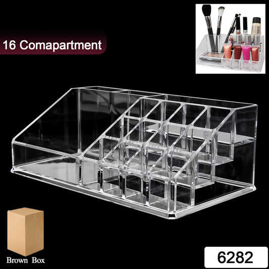 Transparent Wukusy 16-compartment cosmetic and lipstick organizer box with jewelry storage for makeup and accessories.