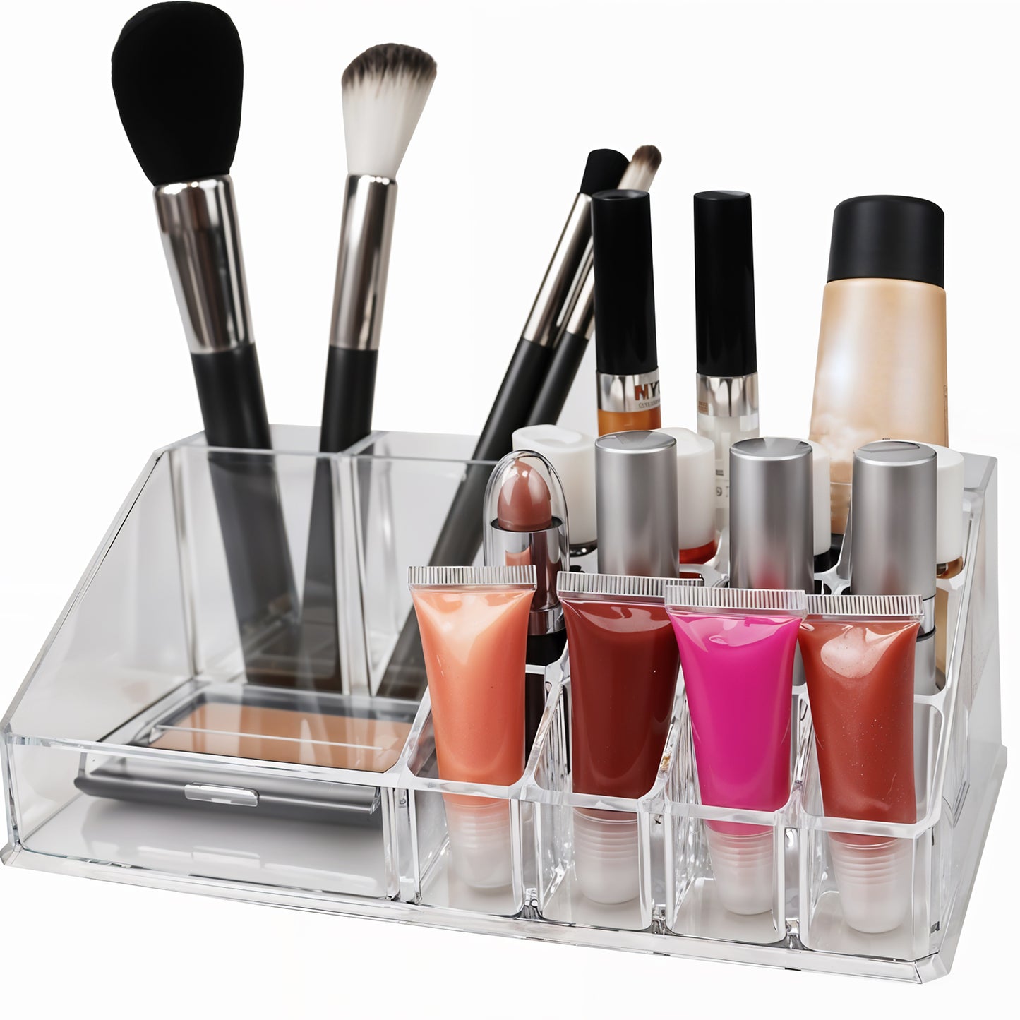 Wukusy 16-compartment transparent cosmetic makeup and lipstick storage organizer box with jewelery and beauty product sections.