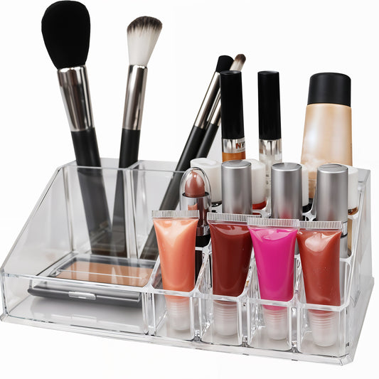 Wukusy 16-compartment transparent cosmetic makeup and lipstick storage organizer box with jewelery and beauty product sections.