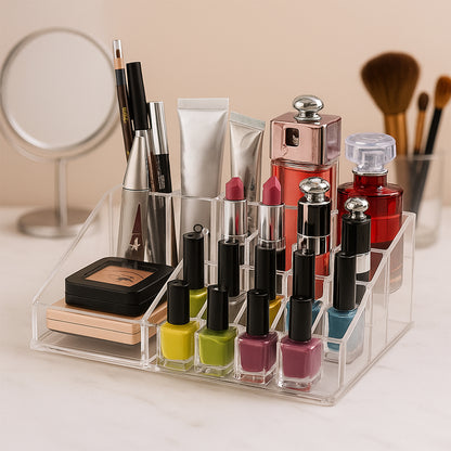 Transparent Wukusy 16-compartment cosmetic and lipstick organizer box for makeup, jewelry, and beauty storage.