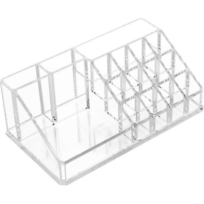 Transparent Wukusy 16-compartment cosmetic makeup and lipstick storage organizer box with compartments for jewelry and beauty accessories.
