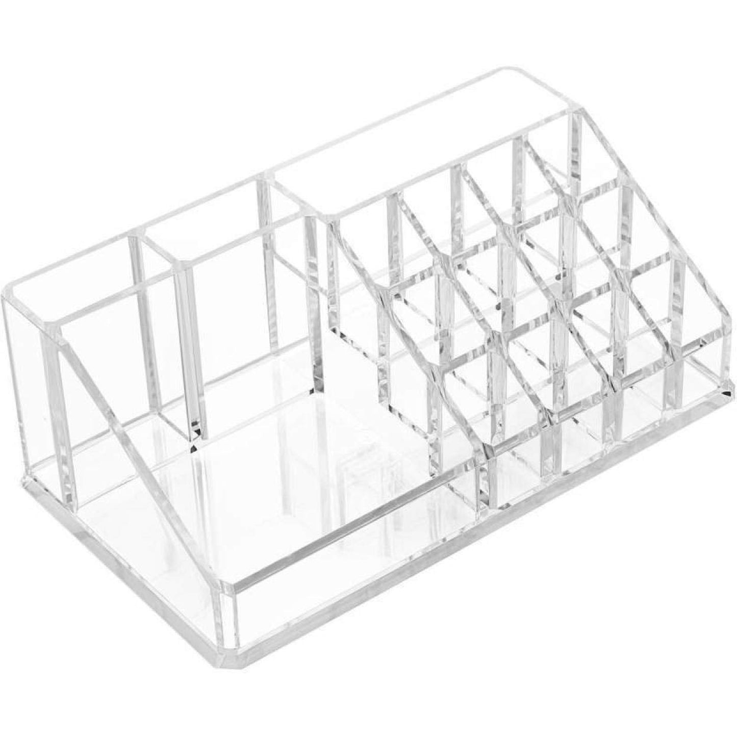 Transparent Wukusy 16-compartment cosmetic makeup and lipstick organizer box for storing jewelry, makeup, and lipsticks.