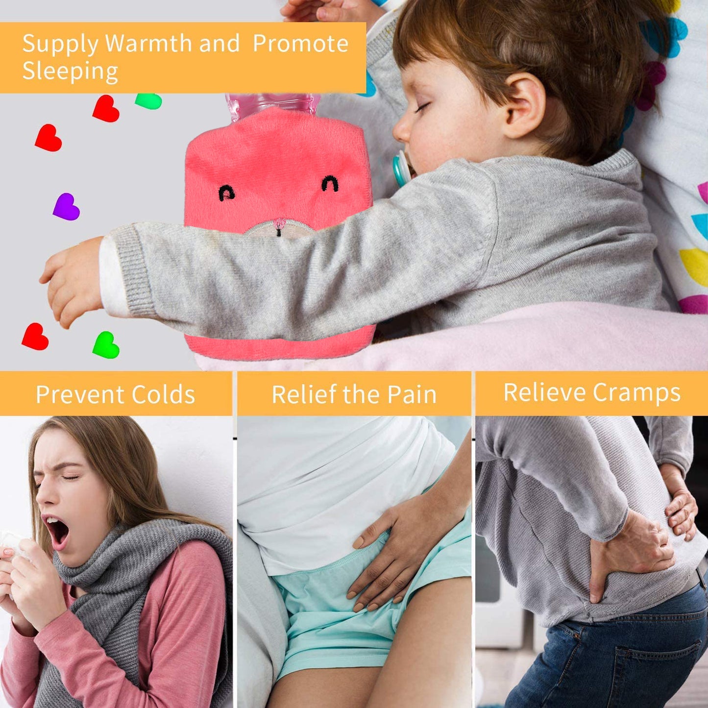Pink Wukusy small hot water bag with cover, used for pain relief, neck, shoulder, hand, foot warming, and menstrual cramps.
