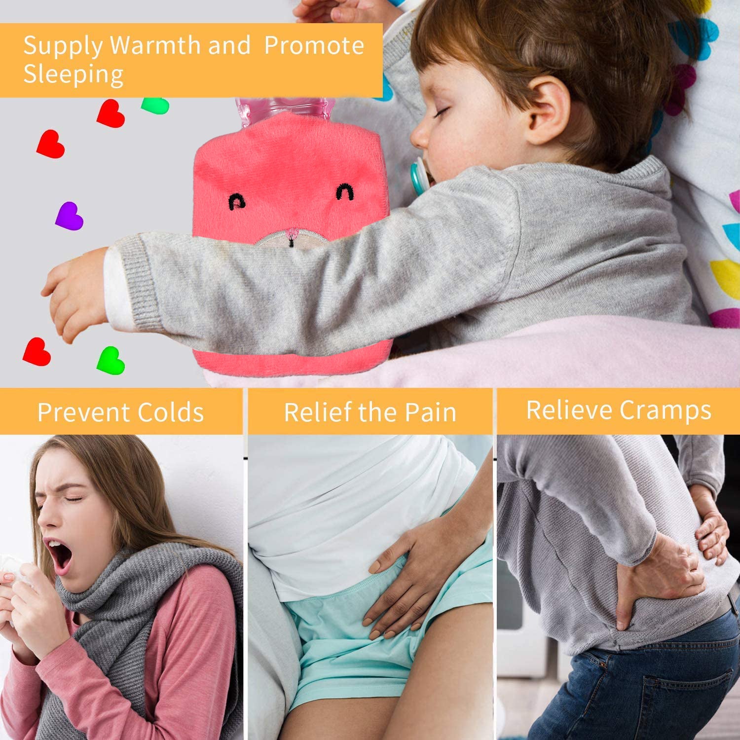 Pink Wukusy small hot water bag with cover, used for pain relief, neck, shoulder, hand, foot warming, and menstrual cramps.