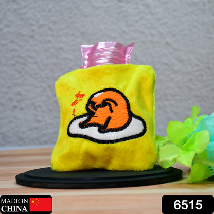 Yellow duck head small hot water bag by Wukusy with cover, used for pain relief, neck, shoulder, hand, feet warmth, and menstrual cramps.