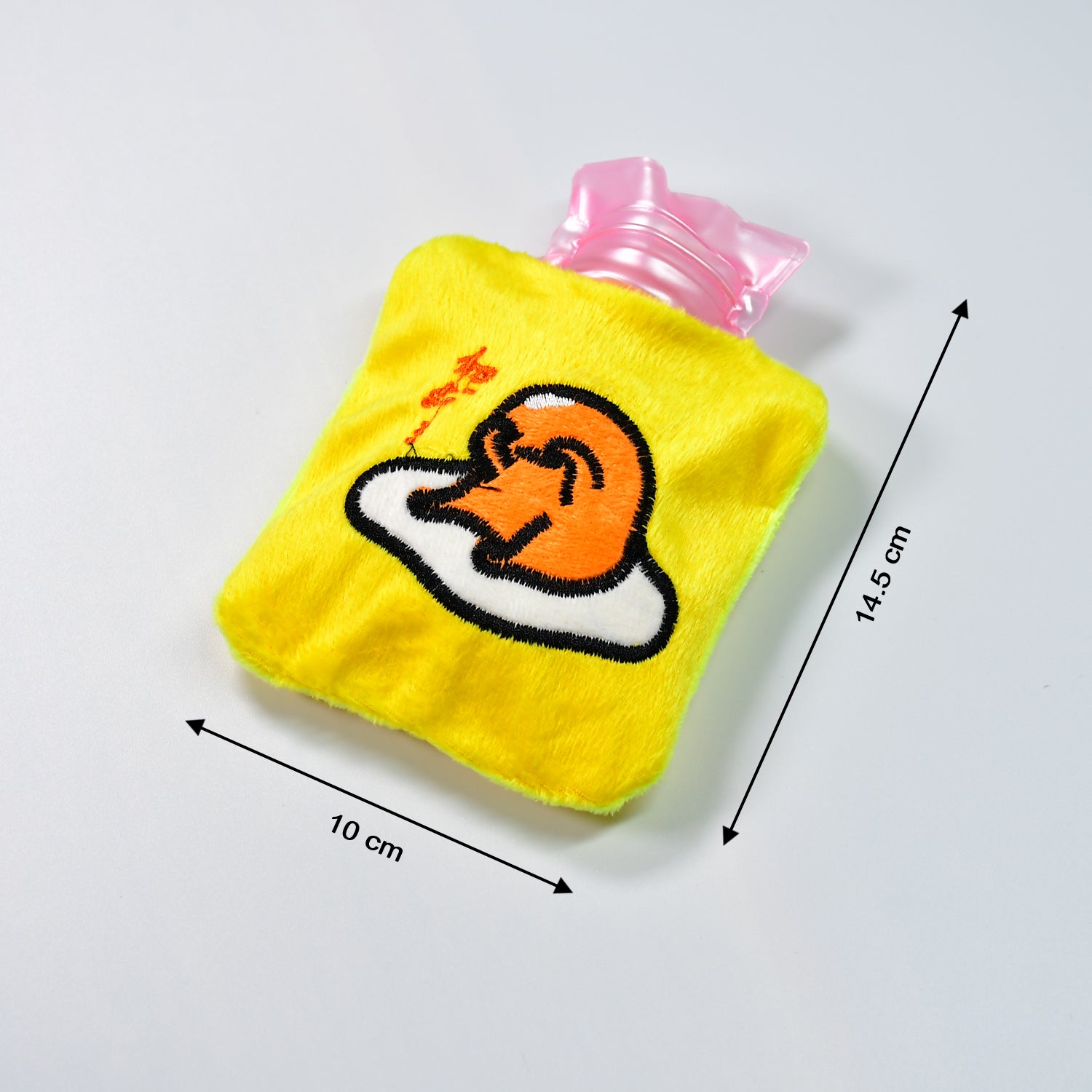 Yellow Duck Head small hot water bag with cover by Wukusy, used for pain relief, warmth, and menstrual cramps.