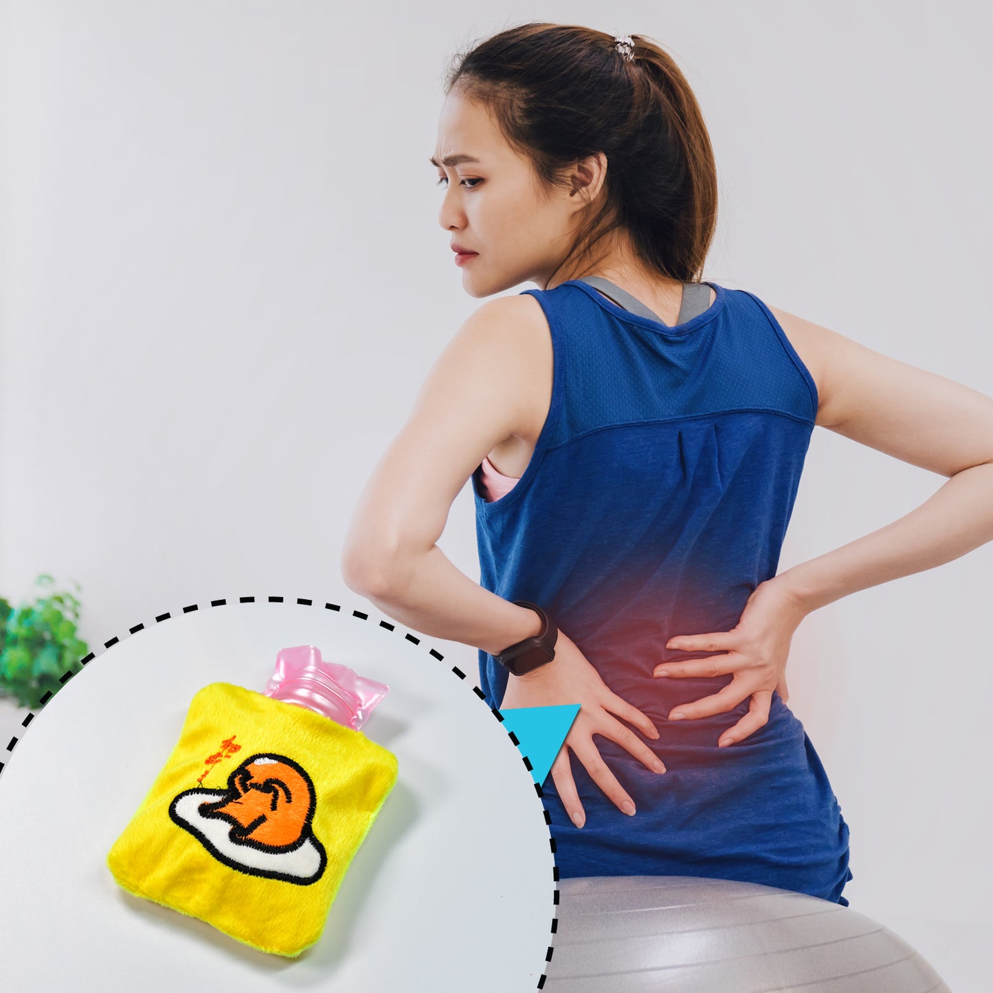 Yellow duck head small hot water bag by Wukusy with cover, used for pain relief, neck, shoulder, hand, feet warmth, and menstrual cramps.