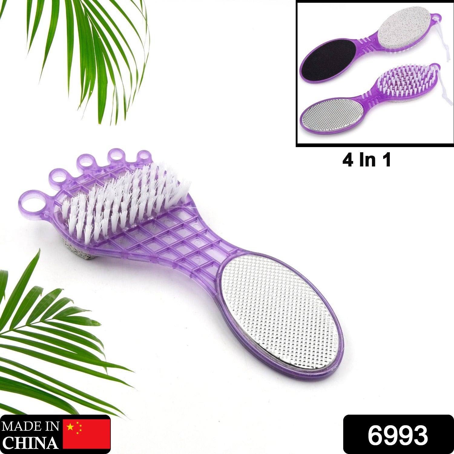 Wukusy 4-in-1 pedicure tool with pumice stone, soft brush, steel scrubber, and emery file for rough, dry, and calloused feet.