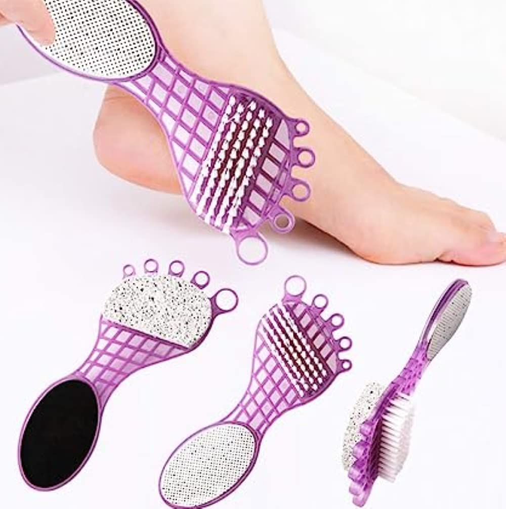 Wukusy 4-in-1 pedicure tool for rough dry feet with pumice stone, soft brush, steel scrubber, and emery file for smoothing and cleansing.