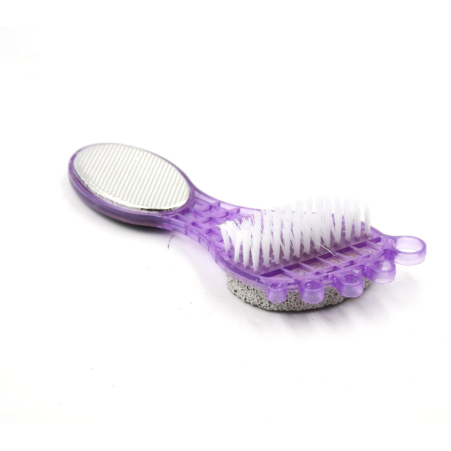 Wukusy 4-in-1 pedicure tool with pumice stone, soft brush, steel scrubber, and emery file for rough, dry, and calloused feet.