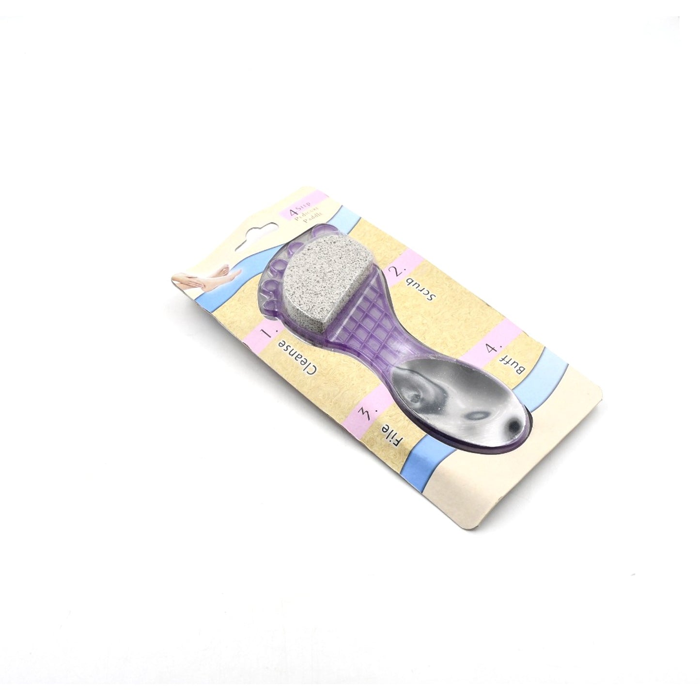 Wukusy 4-in-1 pedicure tool for dry, rough feet featuring pumice stone, soft brush, steel scrubber, and emery file.