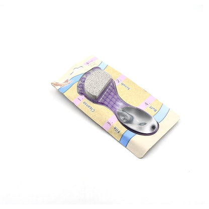 Wukusy 4-in-1 pedicure tool for dry, rough feet featuring pumice stone, soft brush, steel scrubber, and emery file.