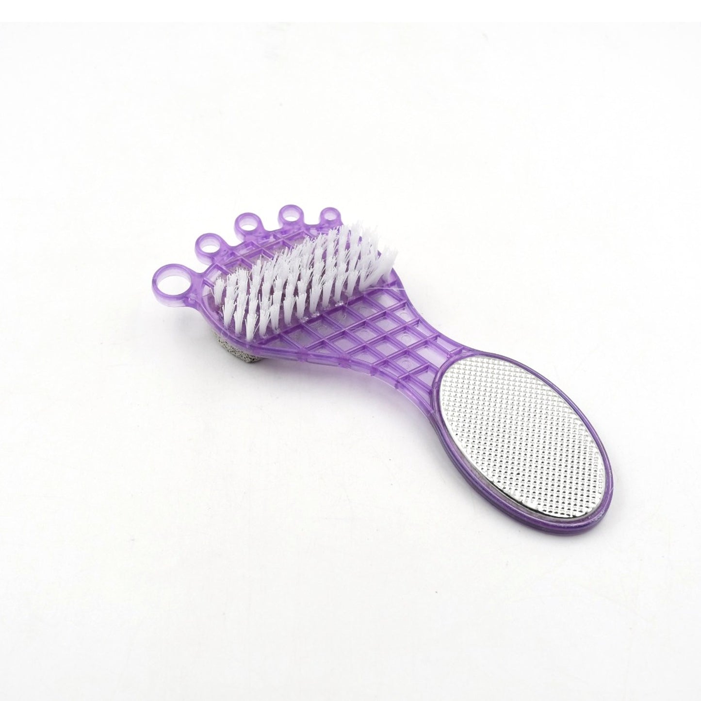 Wukusy 4-in-1 pedicure tool for rough, dry feet with pumice stone, soft brush, steel scrubber, and emery file for smoothing.