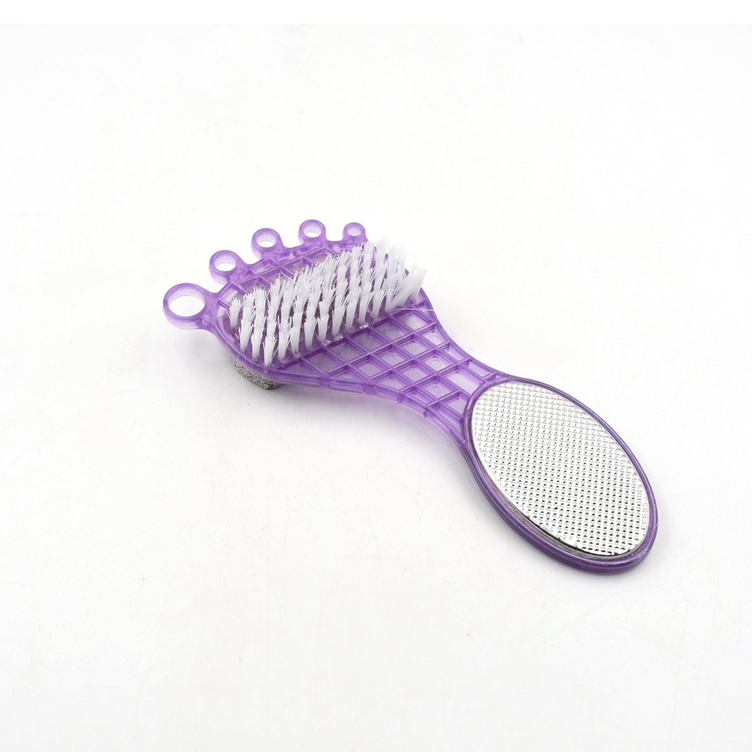 Wukusy 4-in-1 pedicure tool for rough, dry feet with pumice stone, soft brush, steel scrubber, and emery file for smoothing.