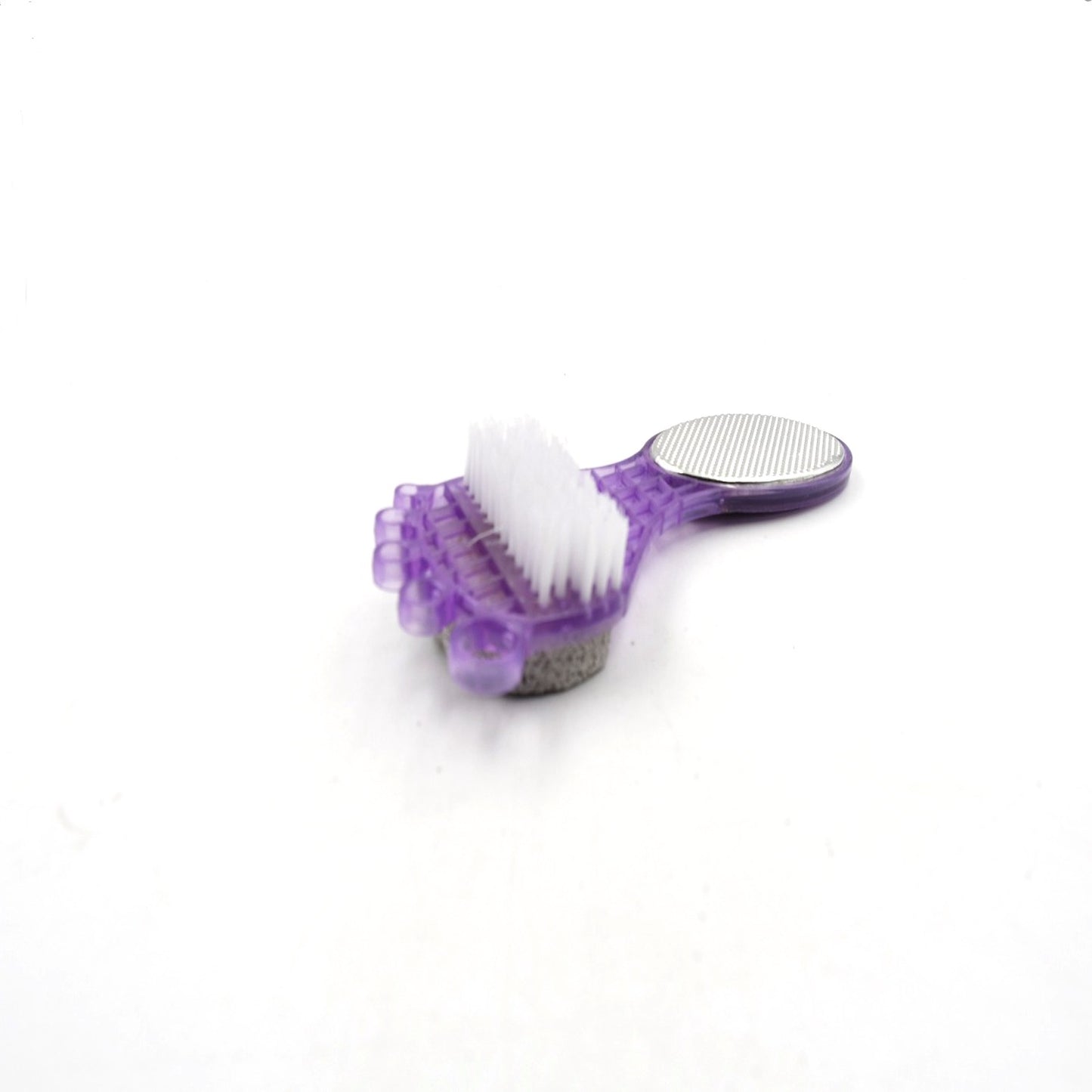 Wukusy 4-in-1 pedicure tool with pumice stone, soft brush, steel scrubber, and emery file for rough, dry, and callused feet.