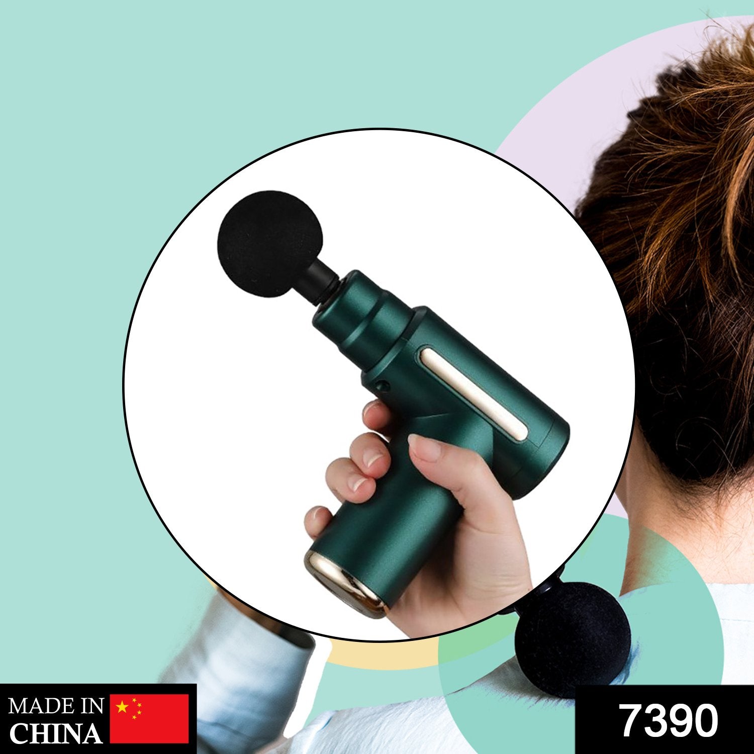 Wukusy deep tissue percussion massage machine for pain relief, showing handheld device with massage heads for health and beauty treatment.