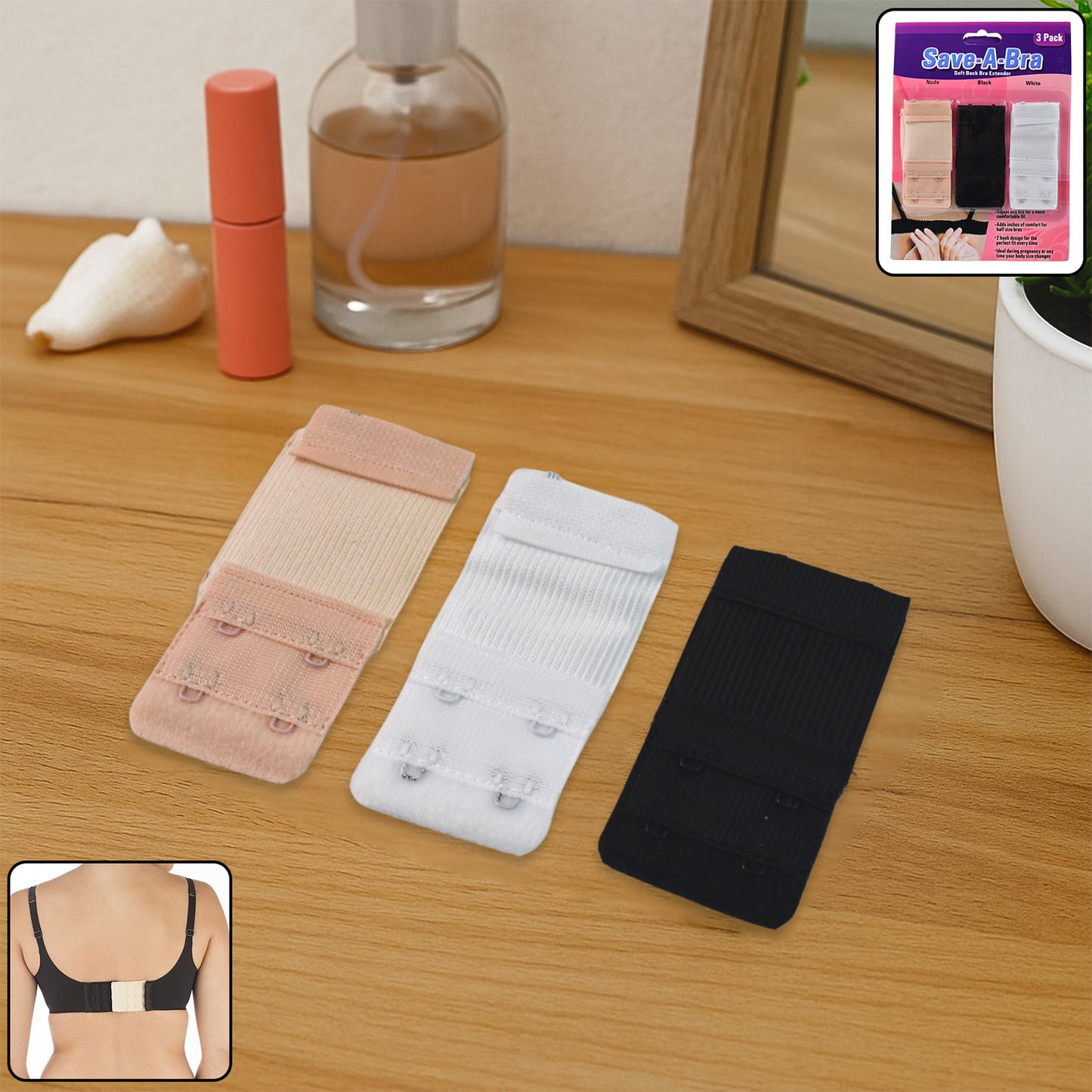 Wukusy adjustable 3-piece bra extender set with 2-hook closure, showing flexible hooks and fabric for added comfort.