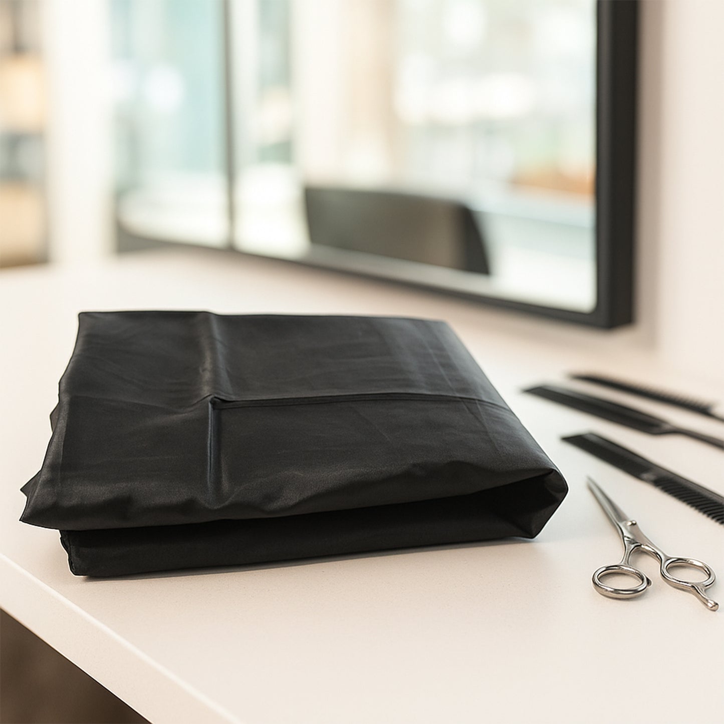 Wukusy barber hair cutting cape, lightweight black cloth with adjustable neck closure, designed for professional haircuts and styling.