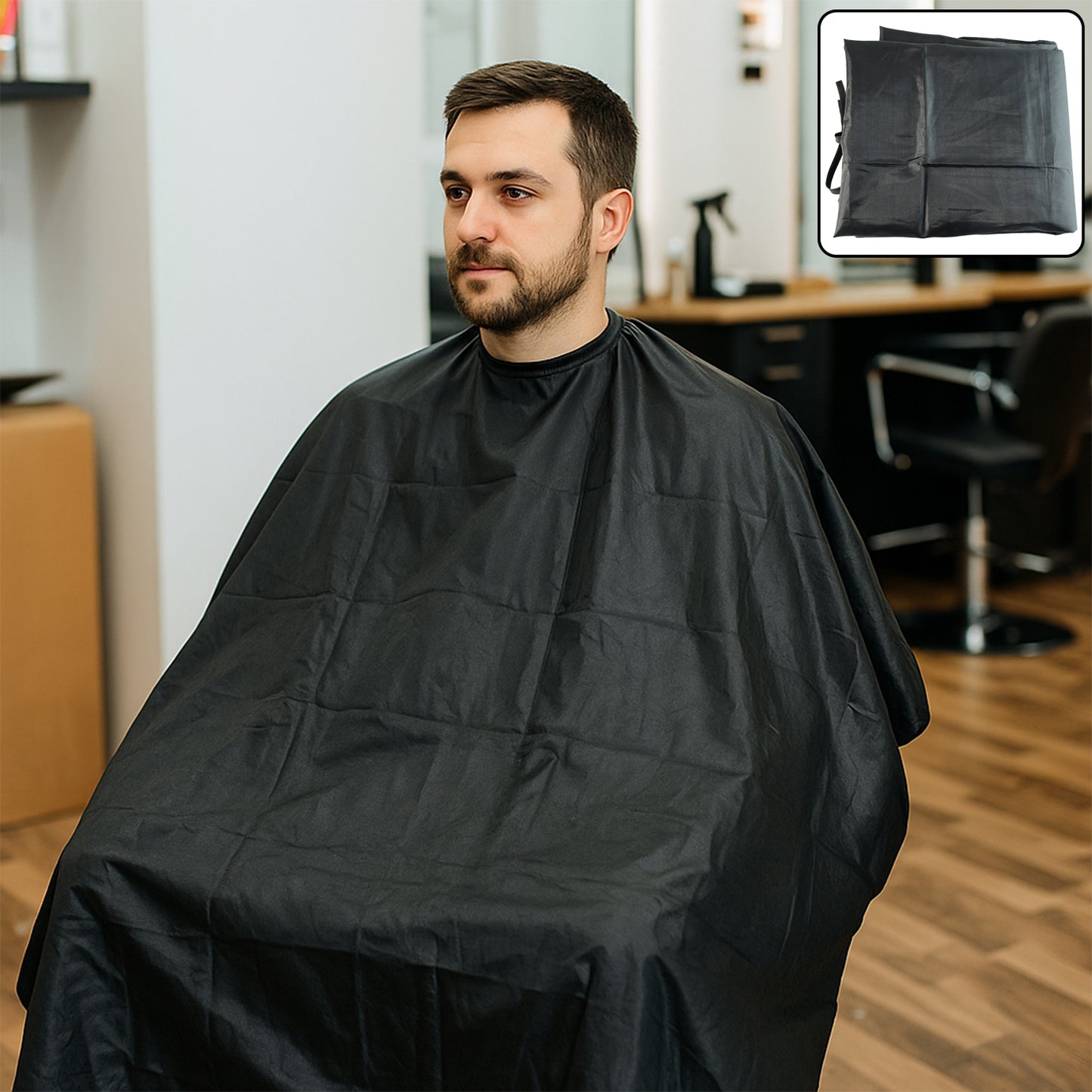 Wukusy barber hair cutting cape, disposable health and beauty cape for professional haircuts, black fabric with adjustable neck closure.