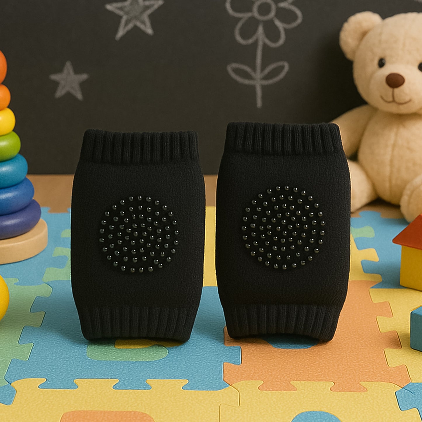 Black toddler wool knit leg warmer and knee guard by Wukusy, soft and cozy for children's health and comfort.