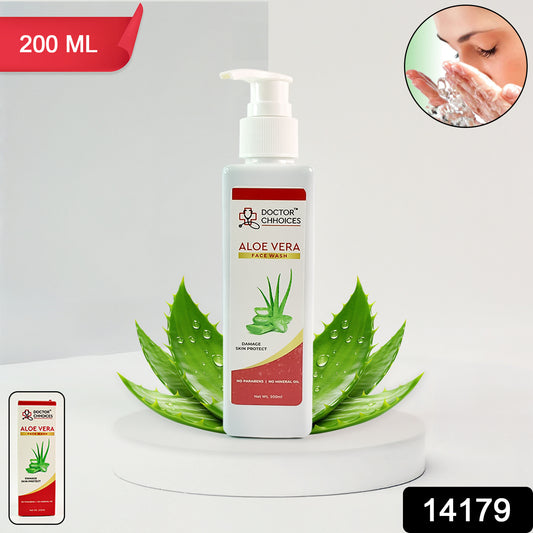 Wukusy Doctor Chhoices Aloe Vera Face Wash bottle, 200ml, in a clear pump bottle with aloe vera imagery on the label.