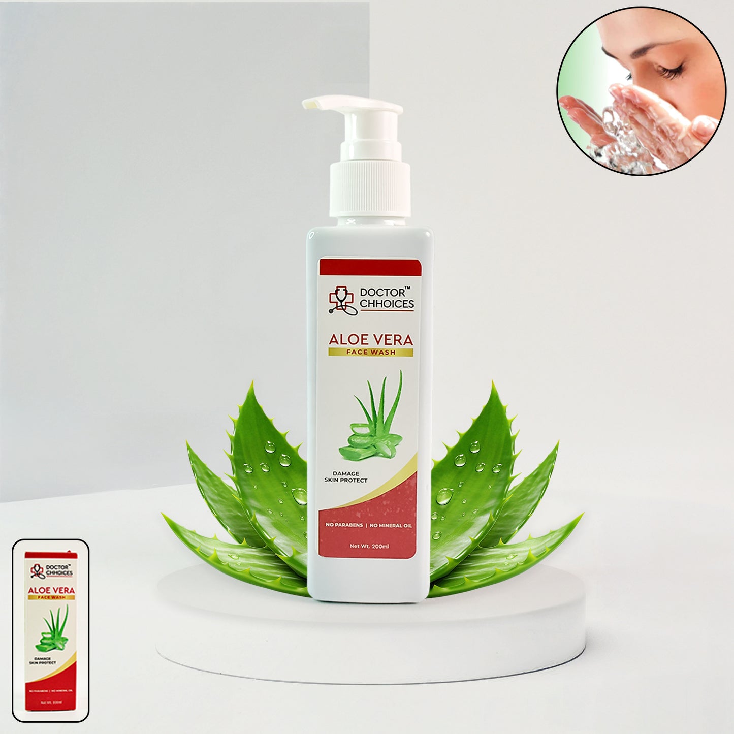 Wukusy Doctor Chhoices Aloe Vera Face Wash 200ml in a clear bottle with green aloe vera imagery, suitable for gentle skin cleansing.