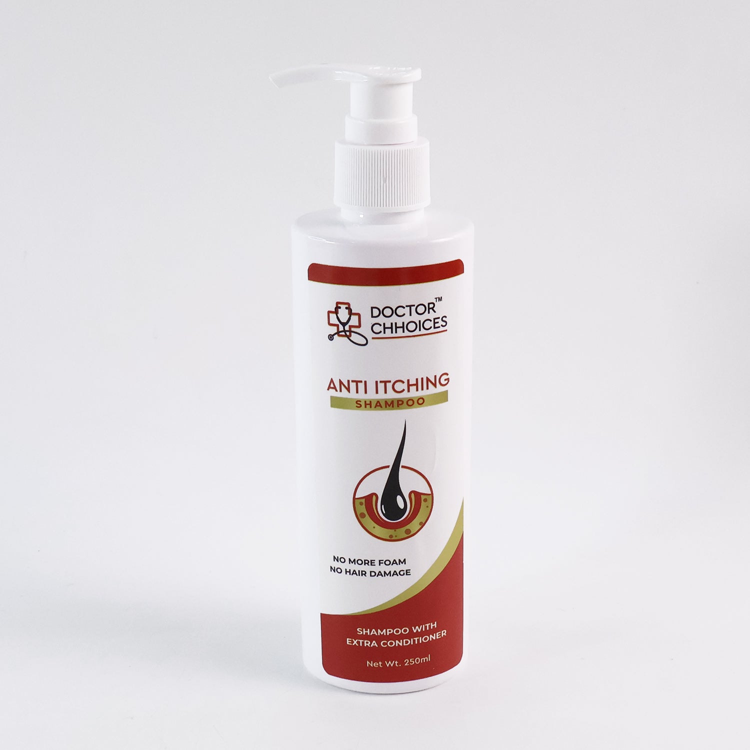 Wukusy Doctor Chhoices anti-itching shampoo bottle with 250ml capacity, designed for soothing scalp irritation and skin health.