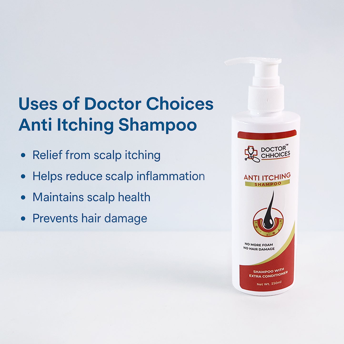 Wukusy Doctor Chhoices Anti-itching Shampoo 250ml bottle, health and beauty product for scalp relief and soothing hair care.