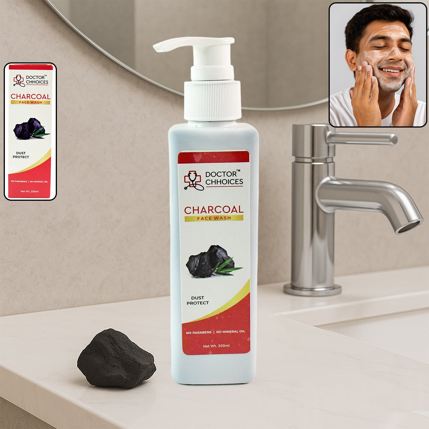Wukusy Doctor Chhoices Charcoal Face Wash in 200ml bottle, featuring a black gel formula for deep cleansing and skin purification.