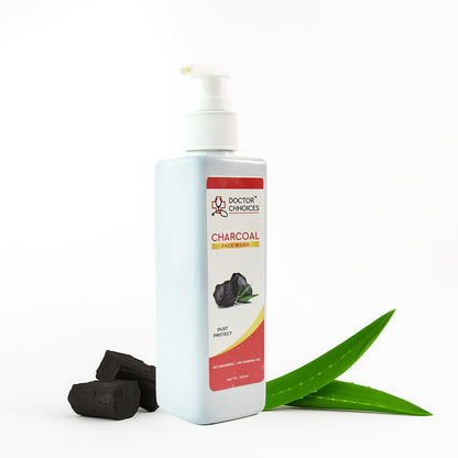 Wukusy Doctor Chhoices Charcoal Face Wash 200ml bottle showing the black liquid and label for deep cleansing and skincare.