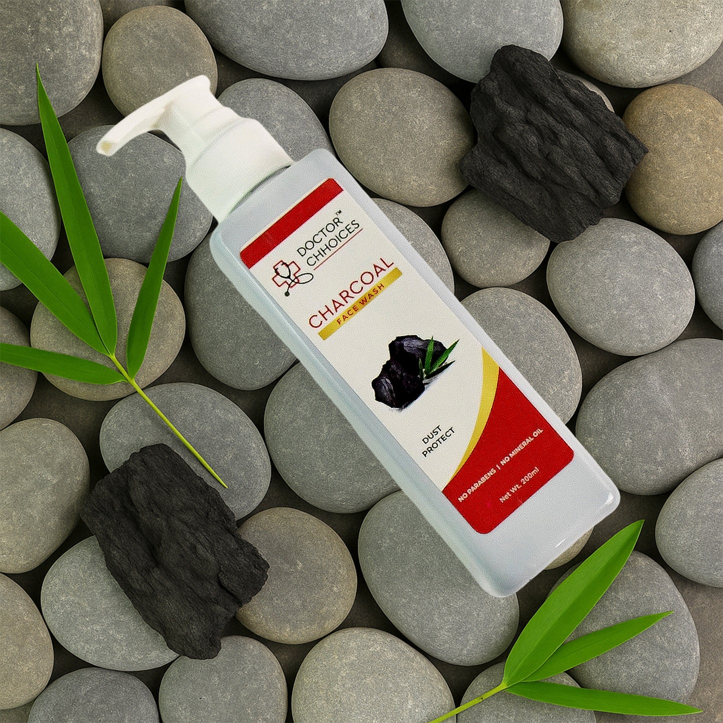 Doctor Chhoices Charcoal Face Wash by Wukusy in 200ml bottle, showing the product bottle with label and black charcoal formula.
