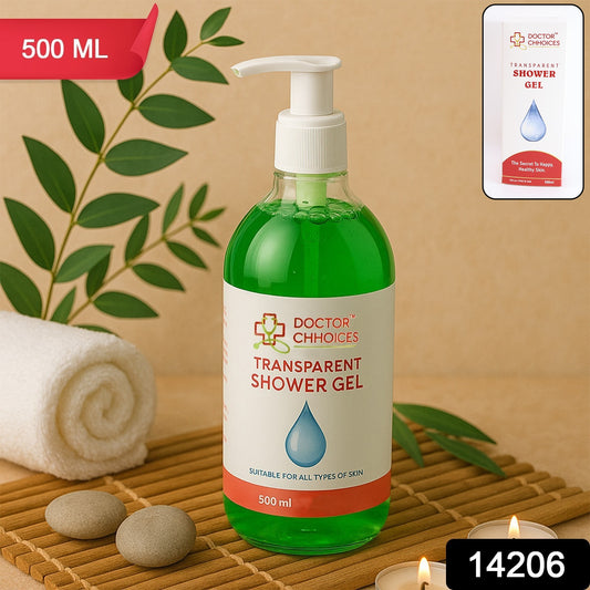 Wukusy Doctor Chhoices transparent shower gel in a 500ml bottle with pump dispenser, suitable for health and beauty use.