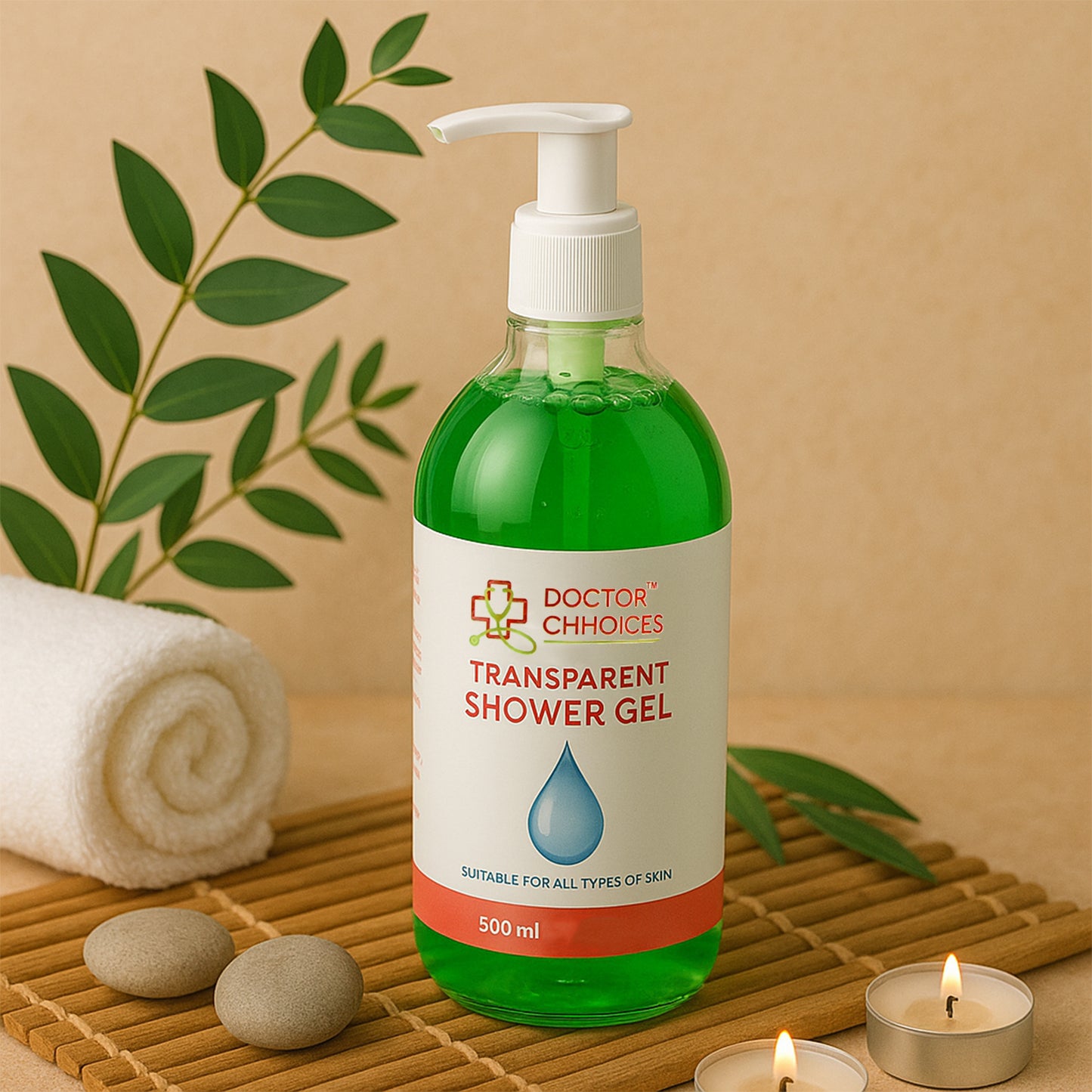 Wukusy Doctor Chhoices transparent shower gel in 500ml bottle with pump dispenser, health and beauty product.