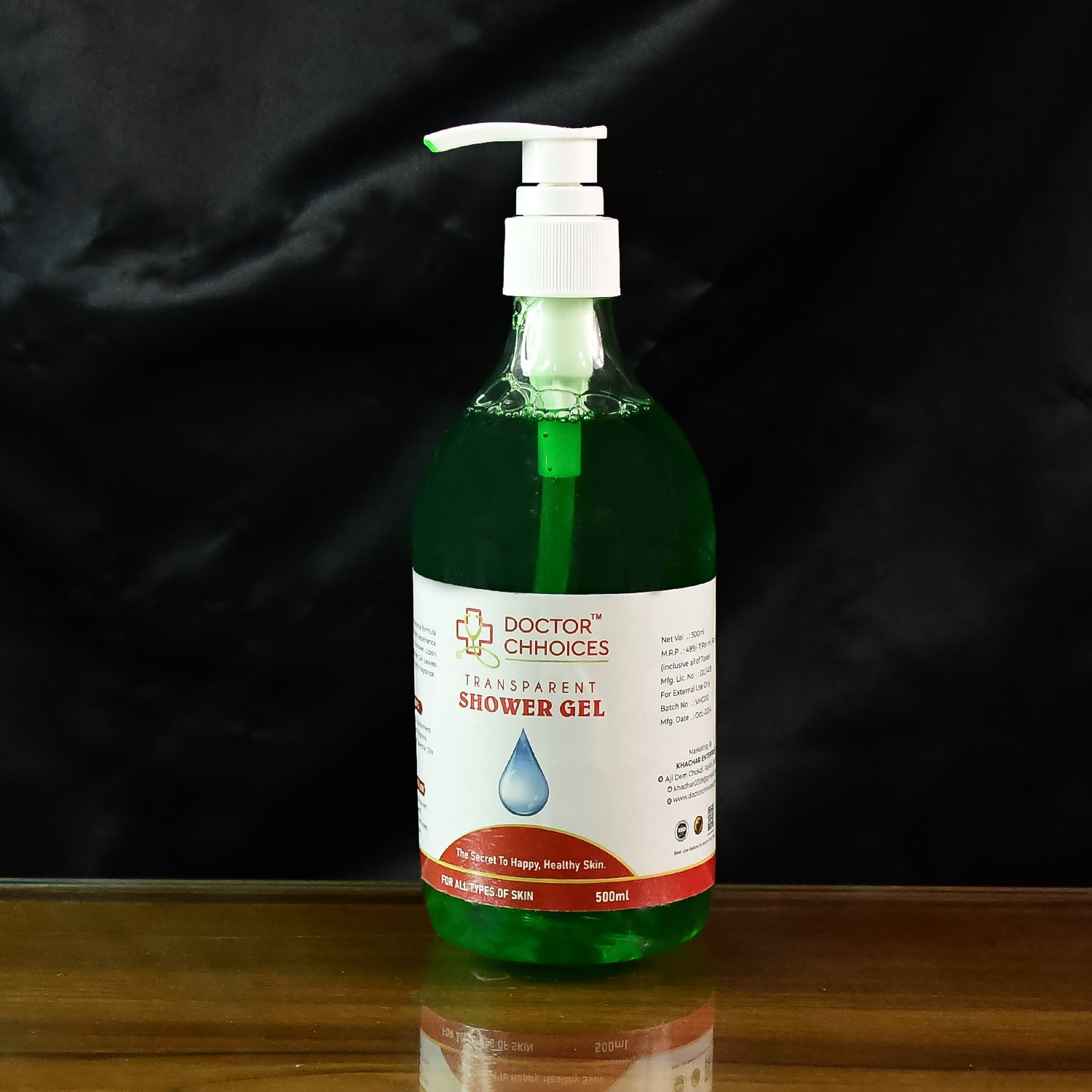 Wukusy Doctor Chhoices transparent shower gel in 500ml bottle with pump dispenser, health and beauty product.