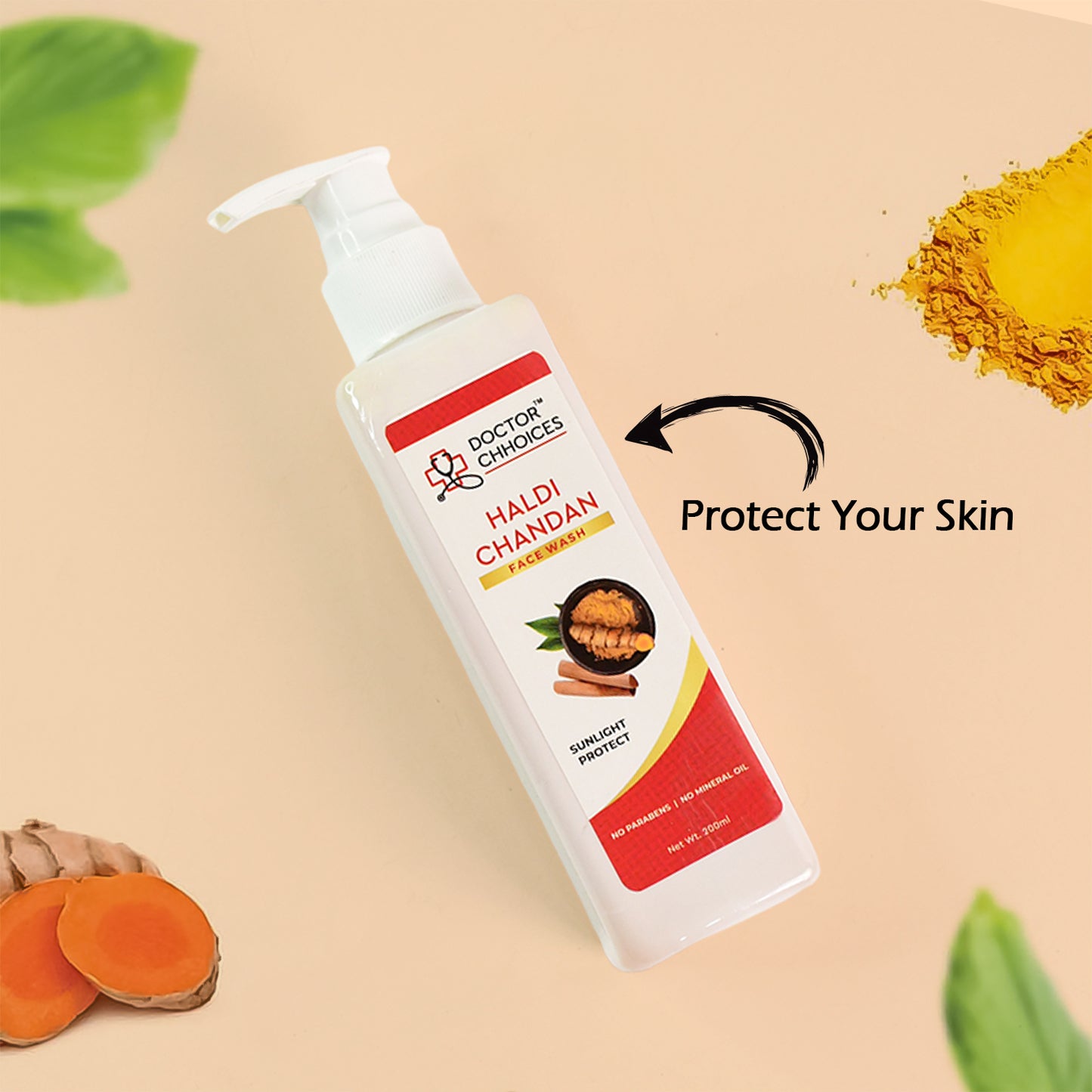 Wukusy Doctor Chhoices Haldi Chandan Face Wash 200ml bottle with turmeric and sandalwood ingredients for healthy skin.