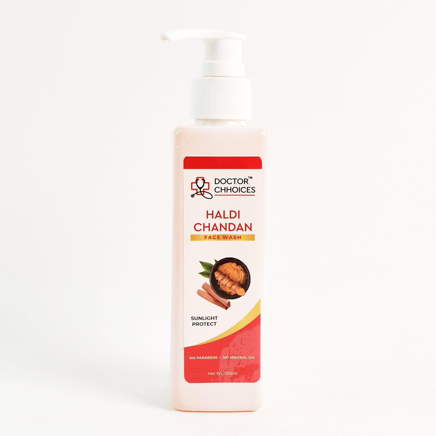 Wukusy Doctor Chhoices Haldi Chandan Face Wash 200ml bottle, health and beauty product with turmeric and sandalwood ingredients.