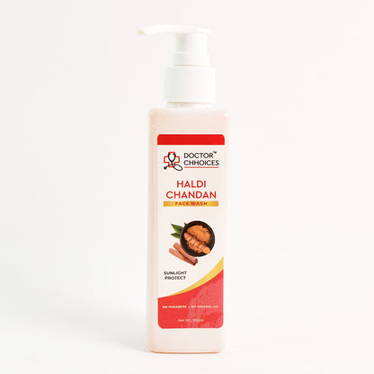 Wukusy Doctor Chhoices Haldi Chandan Face Wash 200ml bottle, health and beauty product with turmeric and sandalwood ingredients.