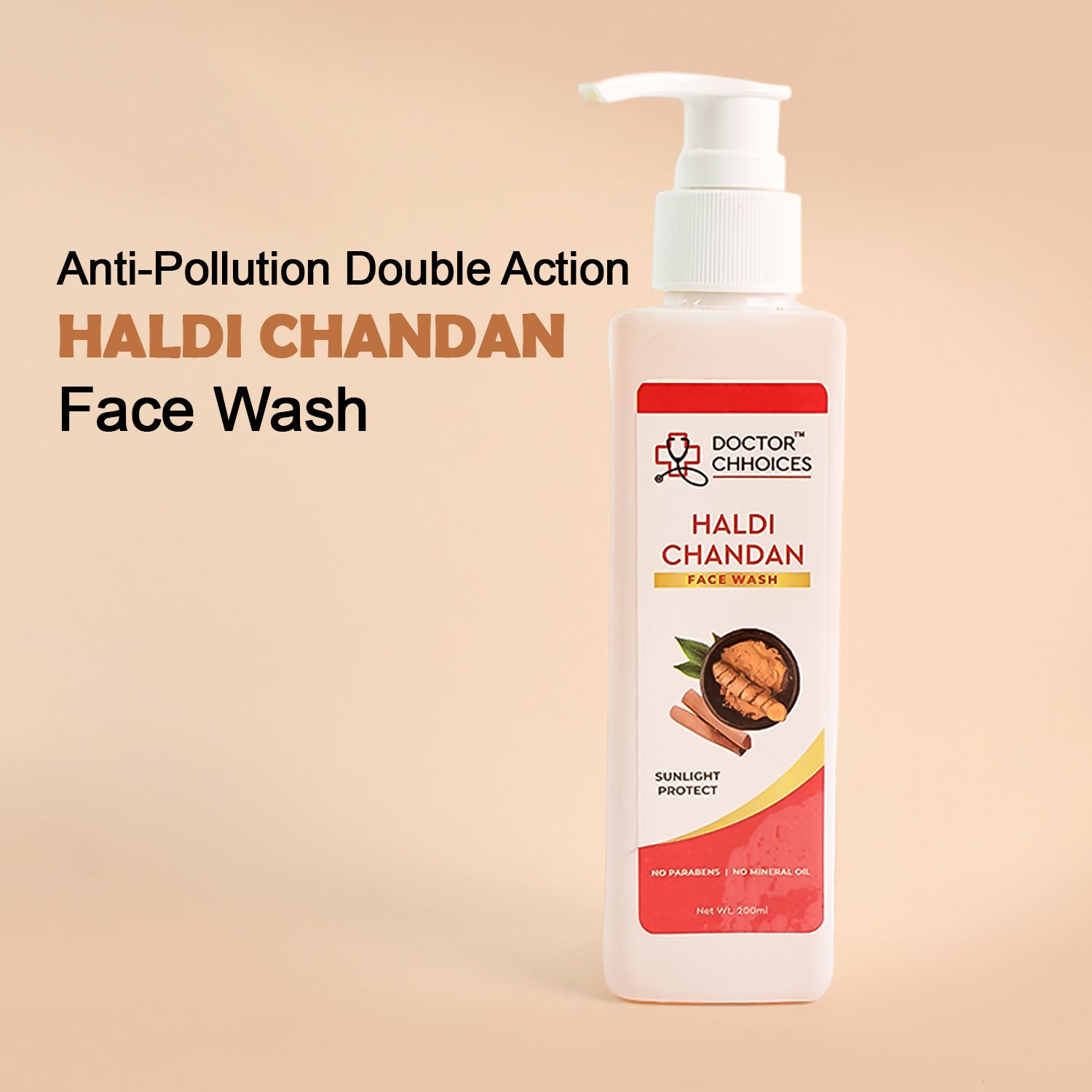 Wukusy Doctor Chhoices Haldi Chandan Face Wash 200ml bottle showing the product label and packaging for healthy skin.