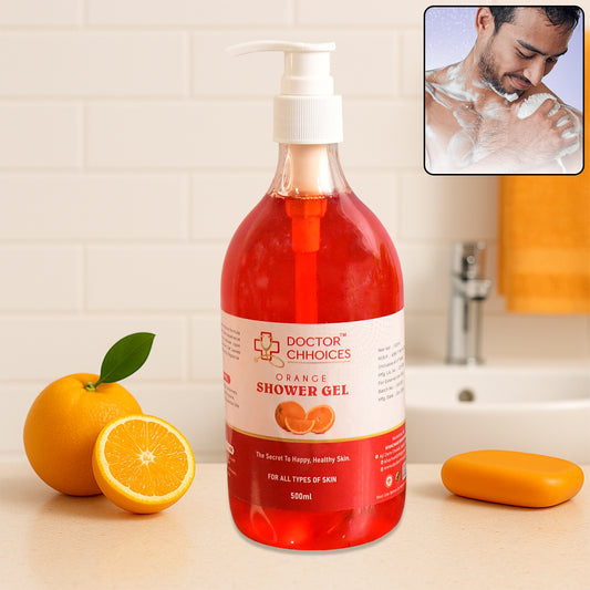 Wukusy Doctor Chhoices Orange Shower Gel 500ml bottle, health and beauty product with bright orange label and pump dispenser.