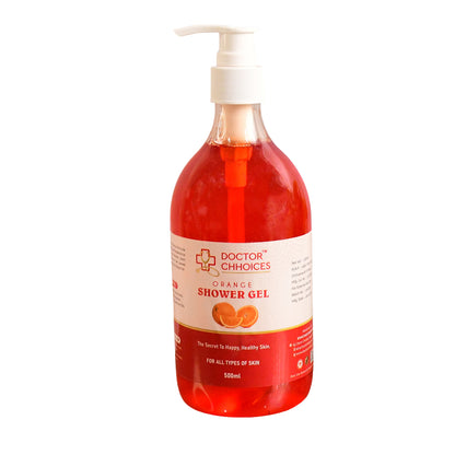 Wukusy Doctor Chhoices Orange Shower Gel 500ml bottle, health and beauty product with bright orange liquid and pump dispenser.
