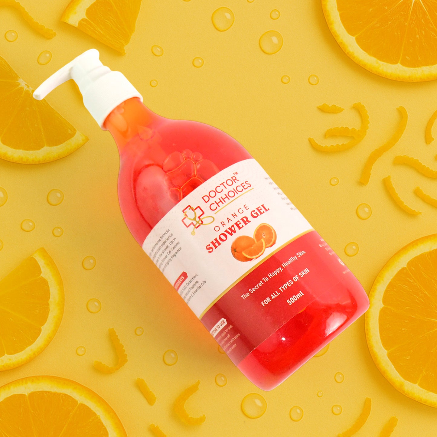 Wukusy Doctor Chhoices Orange Shower Gel 500ml bottle, health and beauty product with vibrant orange liquid and pump dispenser.