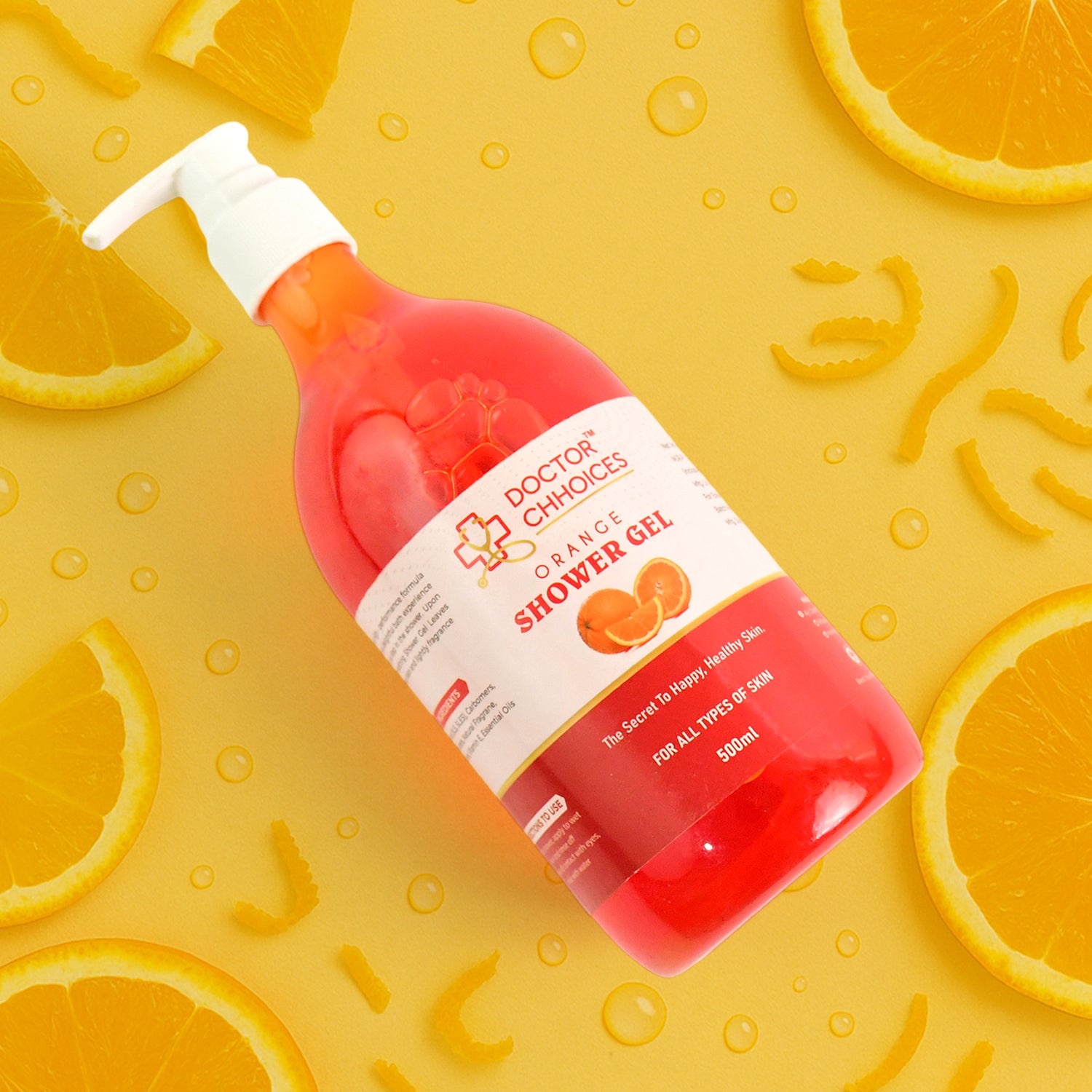 Wukusy Doctor Chhoices Orange Shower Gel 500ml bottle, health and beauty product with vibrant orange liquid and pump dispenser.