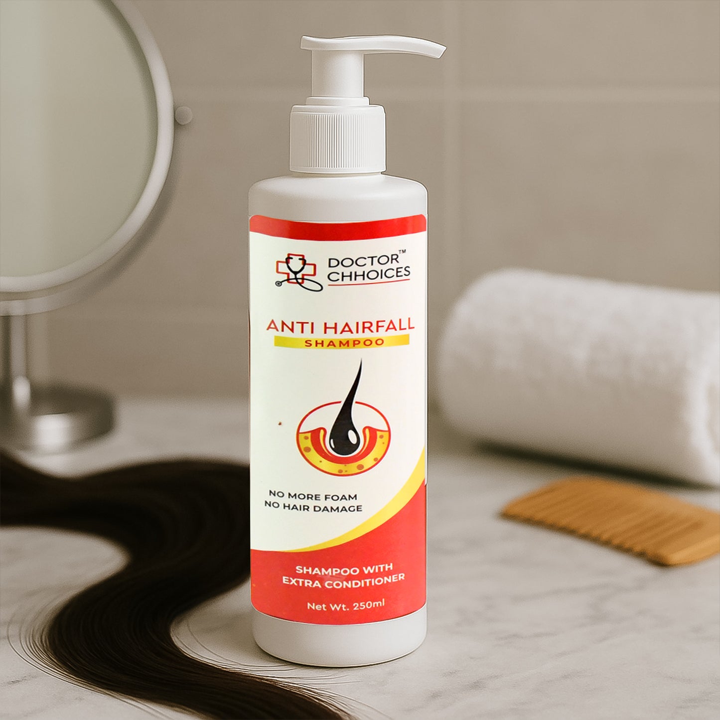 Wukusy Doctor Choices Advanced Anti-Hairfall Shampoo with Extra Conditioner, 250ml bottle, healthy hair care product.
