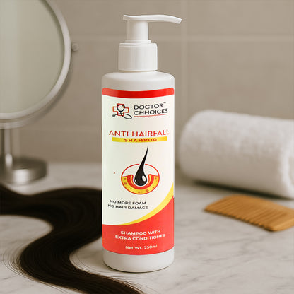 Wukusy Doctor Choices Advanced Anti-Hairfall Shampoo with Extra Conditioner, 250ml bottle, healthy hair care product.