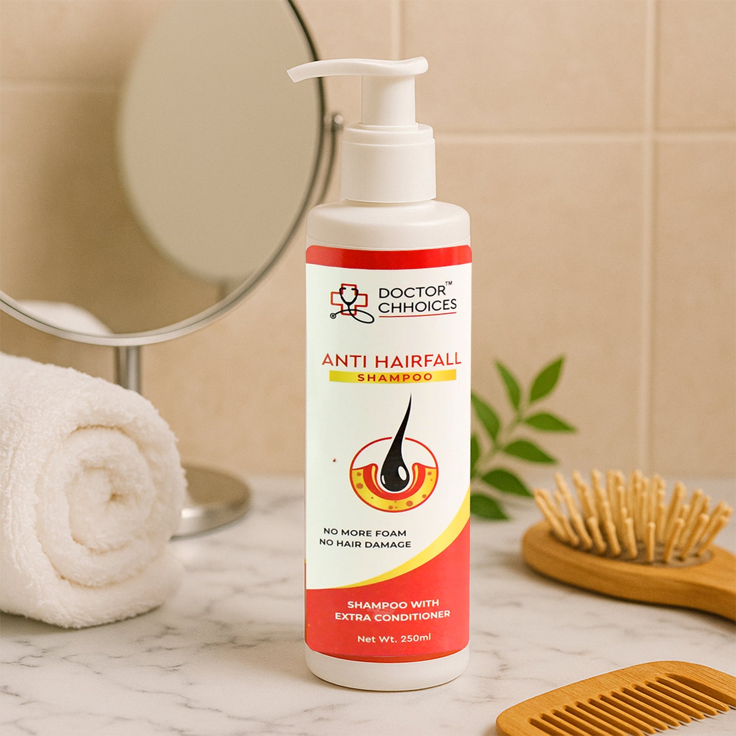 Wukusy Doctor Choices Advanced Anti Hairfall Shampoo with Extra Conditioner 250ml bottle, featuring labeled packaging and product details.