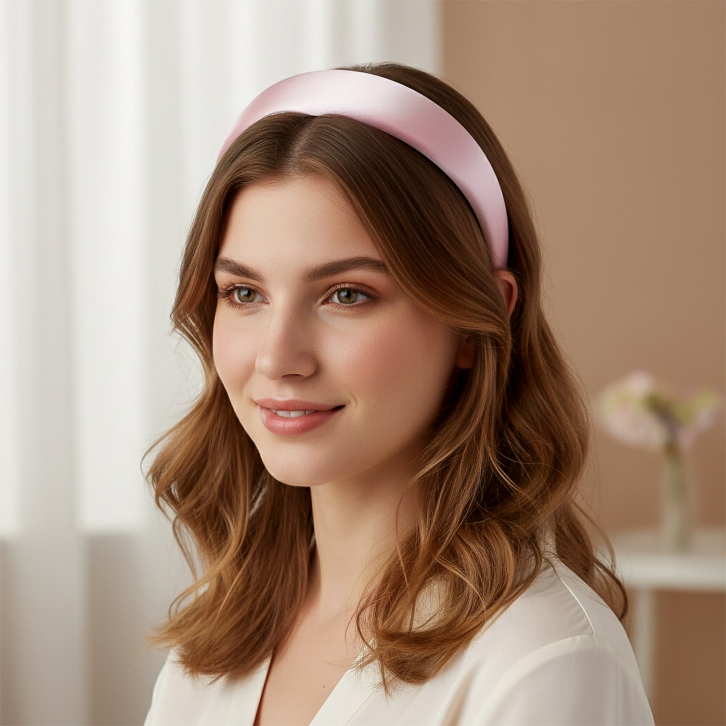 Elegant padded satin finish hairband by Wukusy, stylish and comfortable accessory for hair styling.